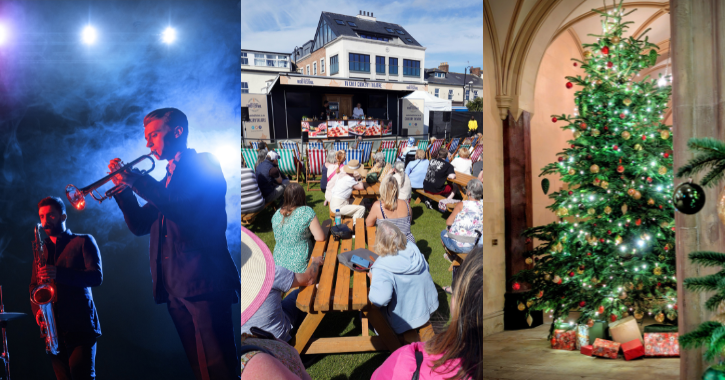 Collage of images men playing brass instruments, Seaham Food Festival and Christmas tree.